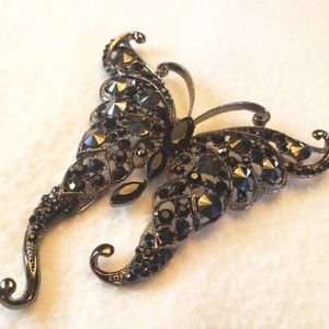 Vintage  Rhinestone butterfly brooch with black Hematite crystals